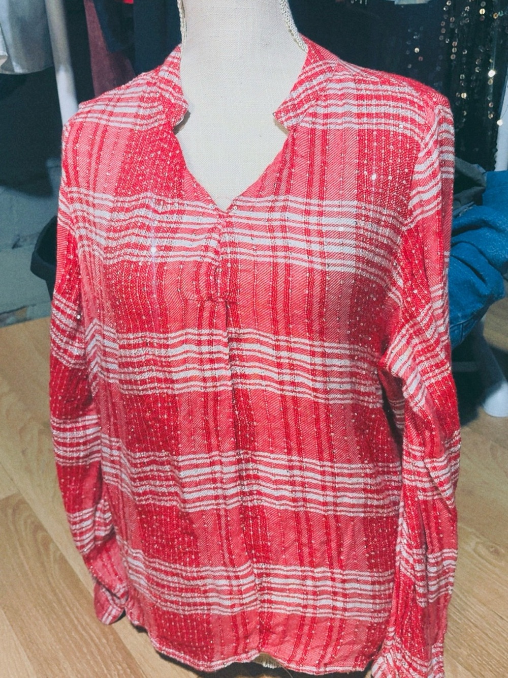 Jennifer Lopez Red White Plaid Button-Down Shirt